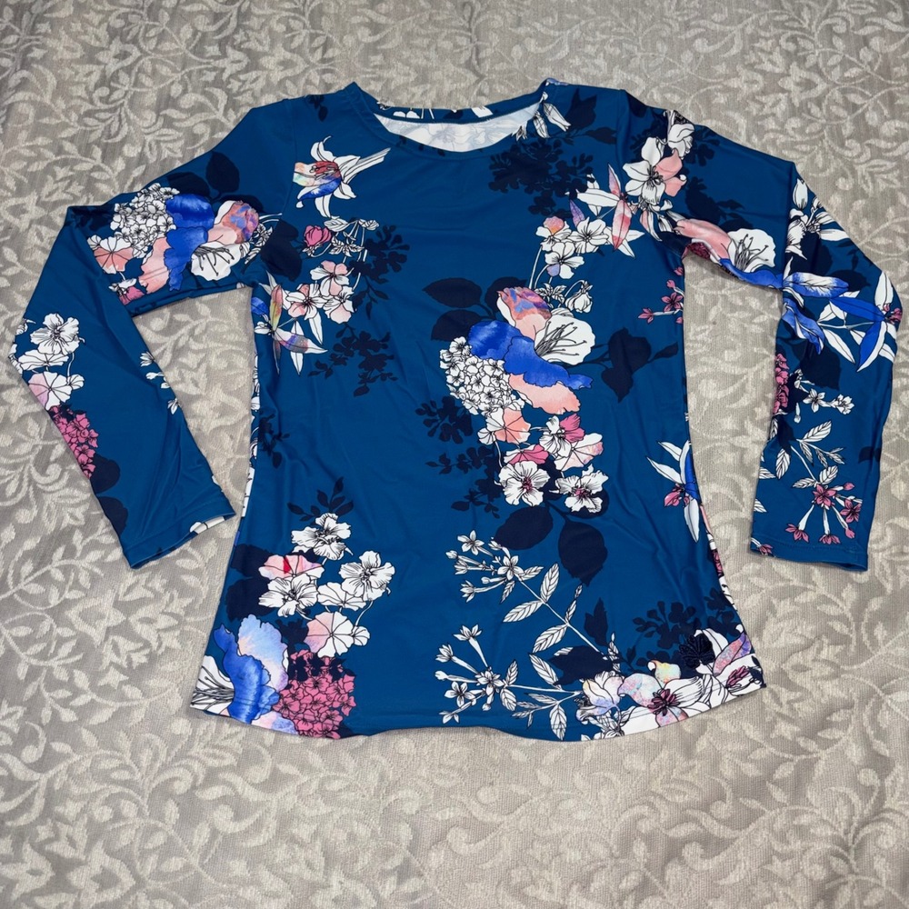 Hapari Womens Long Sleeve Rash Guard Swim Top Blue Floral SPF 50 Small 4-6 (B60)